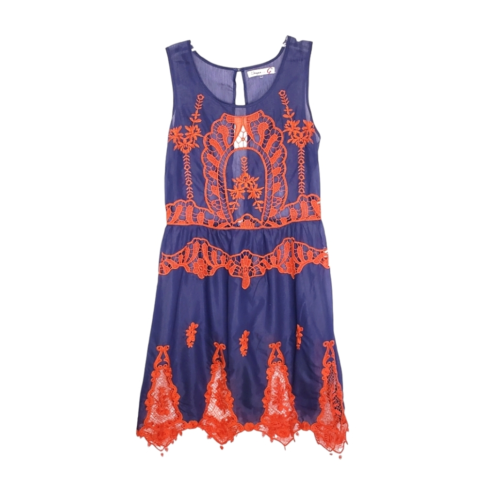 Umgee USA G purple sheer mini sundress sleeveless orange lace accents SZ M